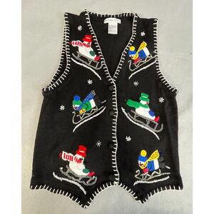 Womens SMALL Christmas Vest With Snowmen ugly granny snow Victoria Jones